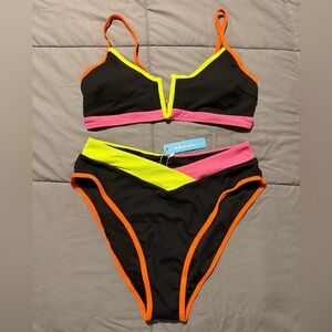 Brand NWT Popvil Ribbed Neon Trim Black Bikini Set Size L - Retails for $36.99